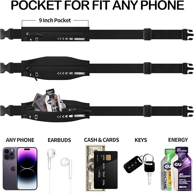 USHAKE Slim Running Belt for Women Men-Runners Phone Holder Fanny Pack, Adjustable, Bounce Free Waist Pouch bag for Workout, Money Belt, Run Gear Accessories Black