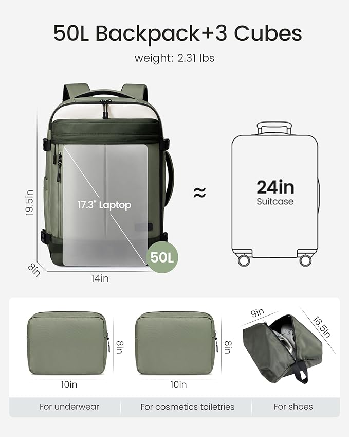 LOVEVOOK 50L Travel Backpack for Women Men, Airline Approved Carry On Luggage with 3 Cubes Accessories, TSA Personal Item Travel Cruise Essentials, Waterproof Weekender Overnight Bags fits 17" Laptop