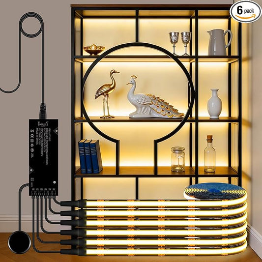 Black Cabinet Light COB LED Strip Lights | 6 pack penetrable touch dimmable ideal for display cabinet and wine rack decorative lighting (Warm Light, 6.6ft / 2M)