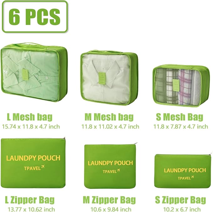6 Set Packing Cubes for Travel Luggage Packing Bags Reusable Waterproof Suitcase Organizer Bags Set with Shoe Bag and Toiletry Bag (Green)
