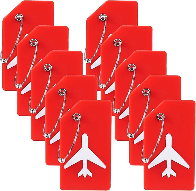 10 Pack Silicone Luggage Tag for Suitcases with Stainless Loop, TSA Approved, Privacy Protection Travel Essentials Bag Tags by Gostwo, Red