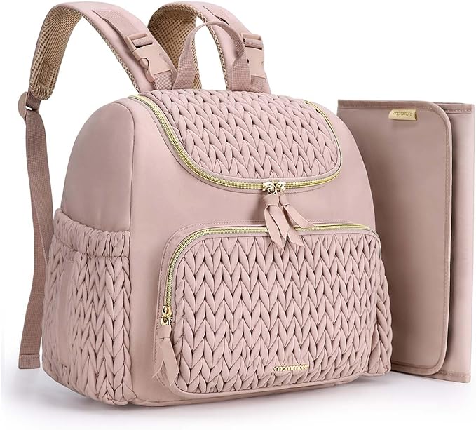 mommore Diaper Bag Backpack, Stylish Travel Baby Bag with Insulated Pockets, Changing Pad and Stroller Straps for Toddler (S-Pink, Small-17L)