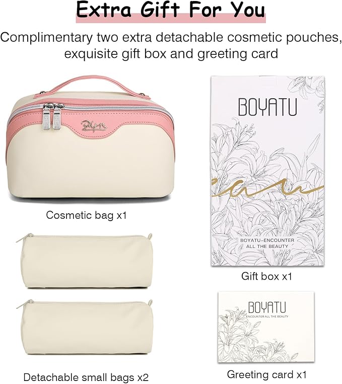 BOYATU Travel Makeup Bag Organizer Cosmetic Bag: 3 Pcs Set Make up Bags for Women with Handle - Waterproof Vegan Leather Toiletry Bags Travel Essentials Pouch with Compartments (A-08-White)