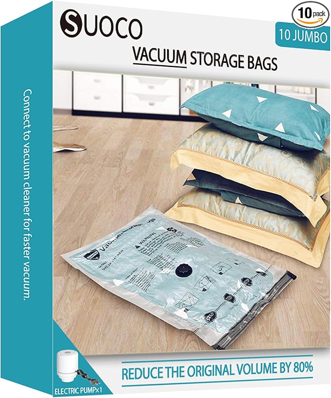 Vacuum Storage Bags with Electric Pump, Compression Packing Bags for Travel Luggage, Space Saver for Clothing Clothes Bedding Blankets Pillows, 10 Jumbo