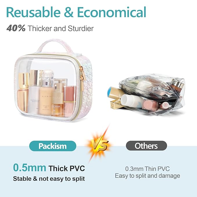 PACKISM TSA Approved Toiletry Bag 3 Medium, 3-1-1 Compliant Clear Makeup Bag with Handle, Quart Size Toiletry Bags Fit Carrv-on Travel Essentials, Water Resistant PVC, Ruched Colorful White