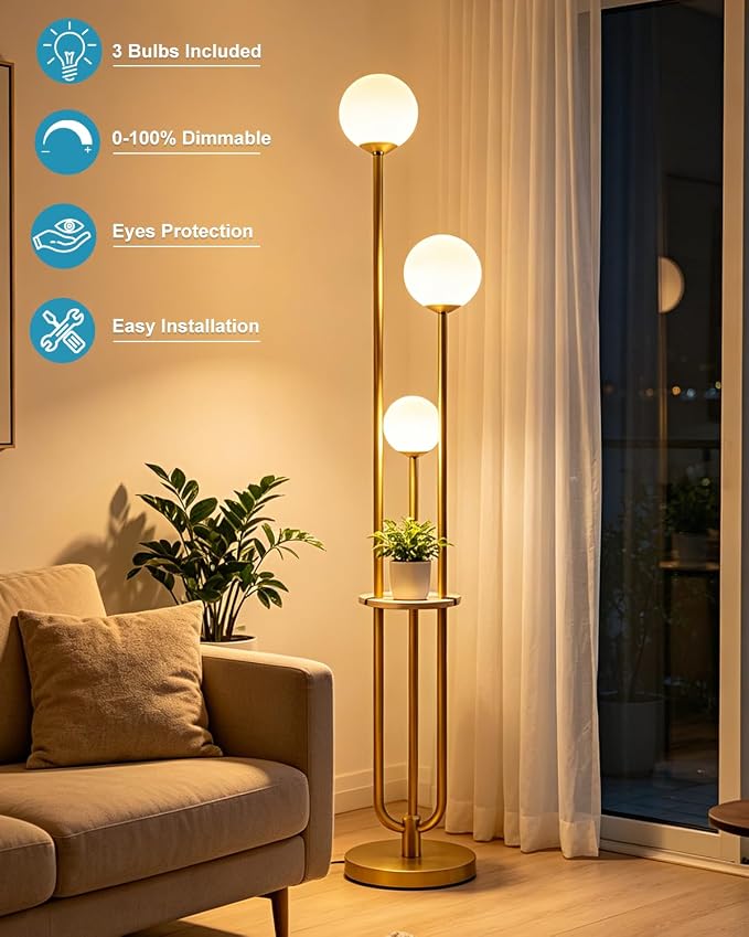 Lightdot Gold Globe Floor Lamp 3-Lights Dimmable Floor Lamps with Tray& Bulbs Included Unique Floor Lamp Modern Standing Lamps with 5Lbs Heavy Base for Living Room/Bedroom//Sofa Beside/Corner Decor