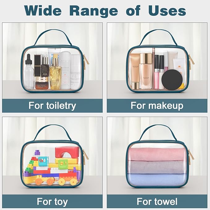 Wedama TSA Approved Toiletry Bag, 2 Pack Clear Makeup Bags with Handles, Quart Size Clear Toiletry Bags, PVC Cosmetic Bag for Women and Men, Carry on Airport Airline Compliant Bag, Til Blue