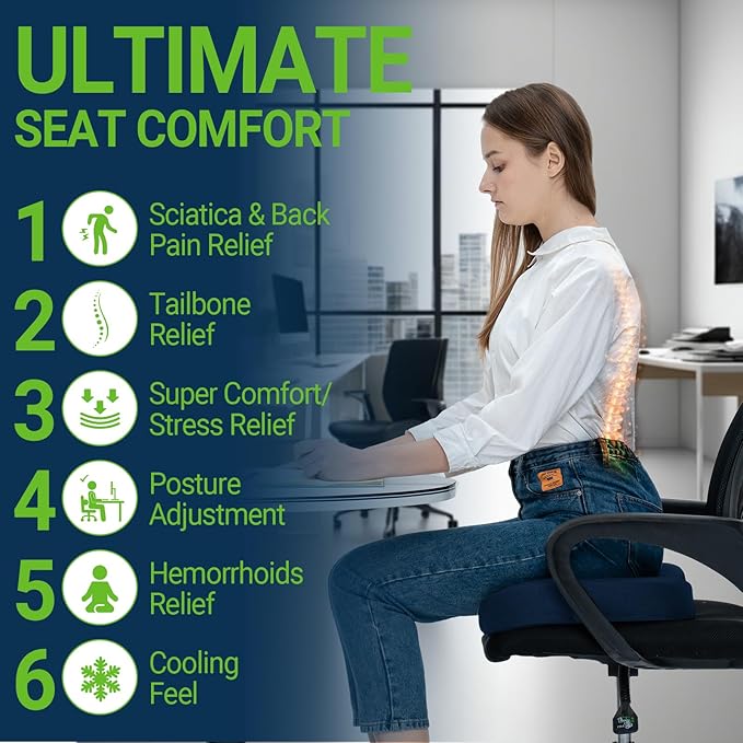 Season Guard Tailbone Pain Relief Office Chair Seat Cushion, Memory Foam Gel Seat Cushion for Sciatica Pain Relief with Washable Cover, Butt Cushion for Long Sitting, Mesh, Blue