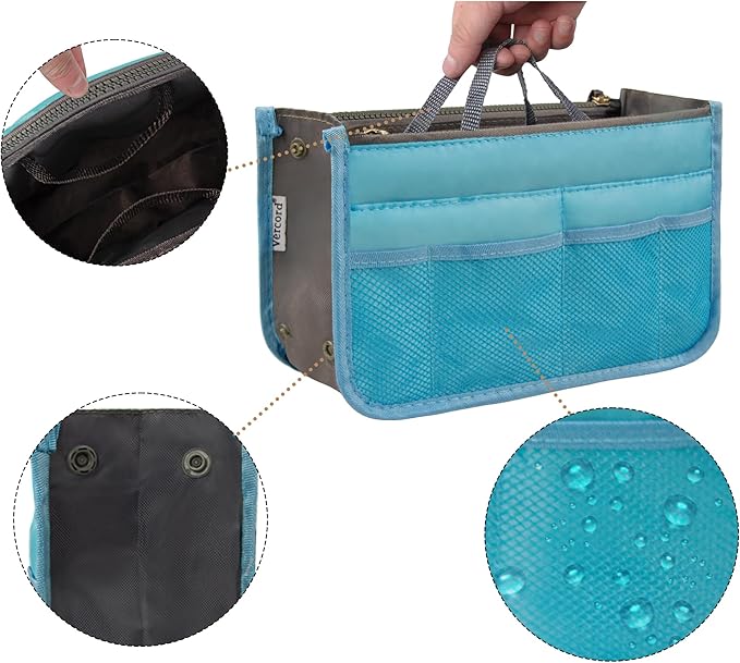 Vercord Purse Organizer Insert for Handbags Bag Organizers Inside Tote Pocketbook Women Nurse Nylon 13 Pockets Blue Large