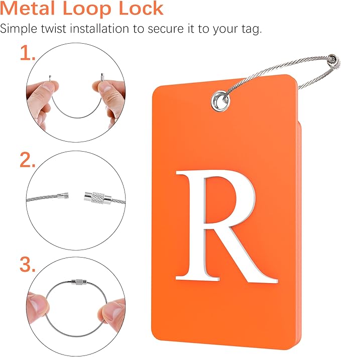 Gostwo 2 Pack Luggage Tags for Suitcases, 26 Initial Letter Travel Luggage Baggage Identification Labels ID Tag Fully Bendable Tags with Stainless Steel Loop (Orange) (Letter R)