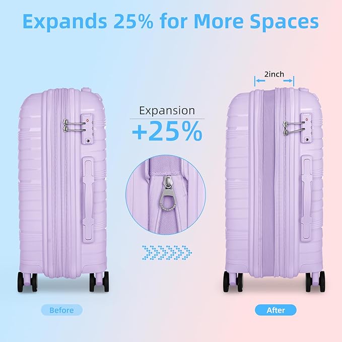 LARVENDER Carry On Luggage 22x14x9 Airline Approved, 20 Inch Hardshell & Lightweight PP Carry On Suitcase for Women with Spinner Wheels TSA Lock, Lavender
