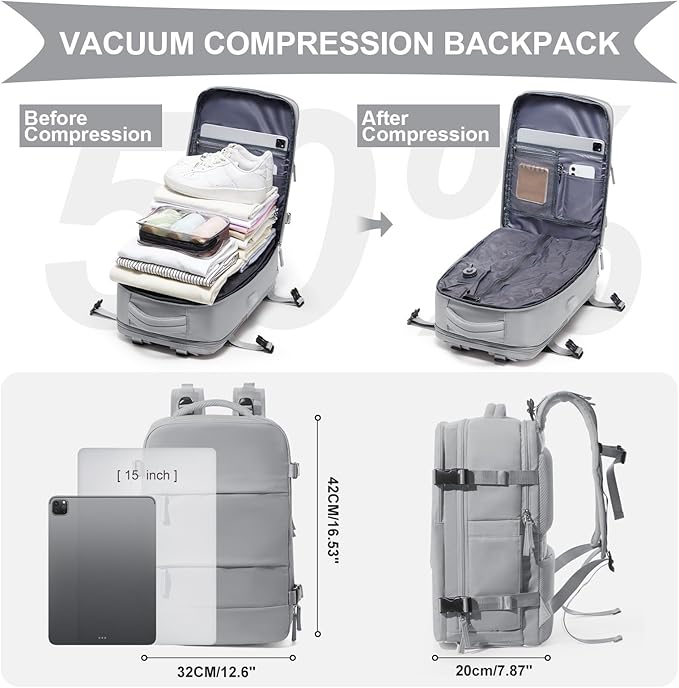 coowoz Vacuum Backpack Travel with Pump,Travel Backpack with Vacuum System For Women Men,Carry On Backpack,Hiking Backpack Waterproof Outdoor Sports Rucksack Casual Daypack,25L(Built-in Pump),Grey