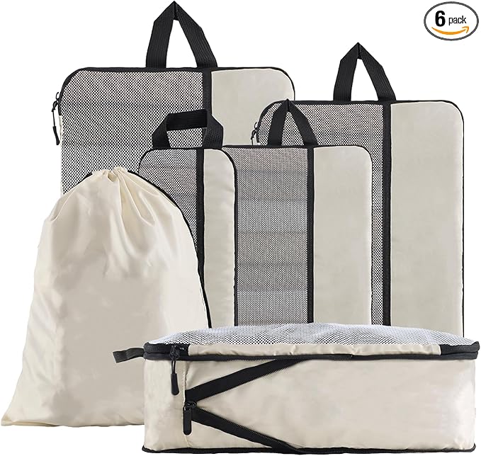 U+U 6 Set Compression Packing Cubes - Ultralight Cream Travel Organizers with Laundry Bag, Space-Saving Suitcase Organizer, Expandable Packing Cubes for Travel and Family Vacation (Cream)
