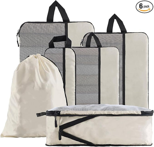 U+U 6 Set Compression Packing Cubes - Ultralight Cream Travel Organizers with Laundry Bag, Space-Saving Suitcase Organizer, Expandable Packing Cubes for Travel and Family Vacation (Cream)