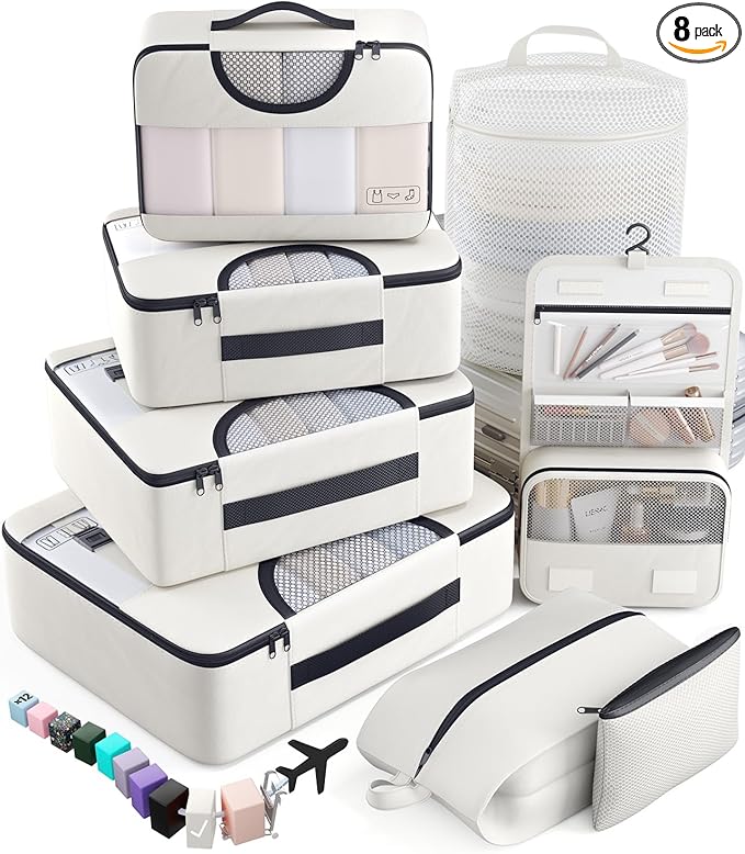 Veken 8 Set Packing Cubes for Travel Essentials, Suitcase Organizer Bags in 4 Sizes, Carry-On Luggage Accessories with Large Laundry & Hanging Toiletry Bag, Must-Have for Airplane, Road Trip & Camping