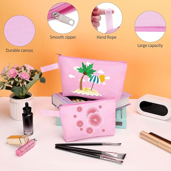 10 Pieces Cotton Canvas Makeup Bag with Bottom and Strap, Multi-Purpose Cosmetic Bag with Zipper Travel Toiletry Pouch, Blank DIY Craft Bag (Pink, L)
