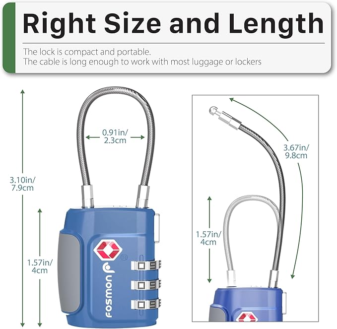 Fosmon TSA Approved Cable Locks for Luggage, Suitcase Locks with Push Release Button, 3 Digit Long Shackle Combo Wire Locks for Backpack, Gym Locker
