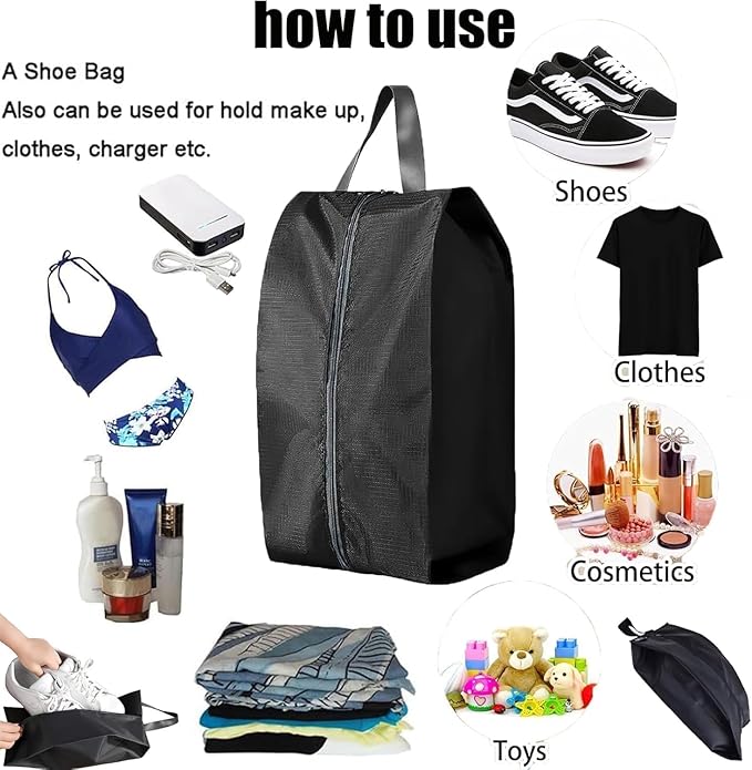 5Pcs XL Travel Shoe Bags Portable Travel Gifts Shoe Organizer with Zipper Closure, Waterproof Nylon Shoe Storage Organizer with Handle Travel Bags For Men and Women, Black