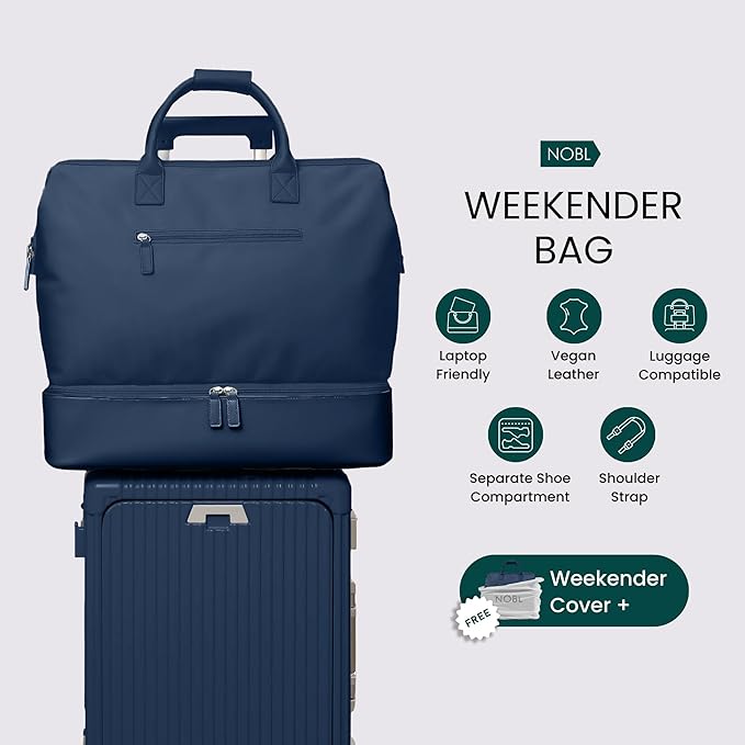 NOBL Travel Weekender Bag for Women & Men, Large Duffel Carry-On Tote with Trolley Sleeve, Separate Shoe Compartment & Laptop Pocket, Leather Overnight Bag for Airplane, Road Trips - Midnight blue