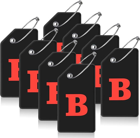 Gostwo 8 Pack Luggage Tags for Suitcases, 26 Initial Letter Travel Luggage Baggage Identification Labels ID Tags Fully Bendable Tags with Stainless Steel Loop (Letter B, Black)