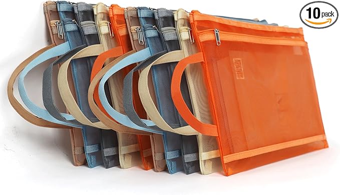 10 Pack Colored Mesh Zipper Pouch Bags with Handles, Double-Layer Nylon A4 Mesh Toy Storage Bags for Building Blocks, Puzzles & Toy Storage, Travel-Friendly Organizer for School, Office & Games