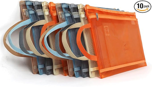 10 Pack Colored Mesh Zipper Pouch Bags with Handles, Double-Layer Nylon A4 Mesh Toy Storage Bags for Building Blocks, Puzzles & Toy Storage, Travel-Friendly Organizer for School, Office & Games