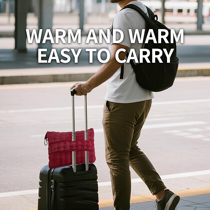 Travel Blanket and Pillow-2-in-1, Ultra-Soft&Compact,Airplane Blanket with Hand Luggage Belt and Backpack Clip,Travelers Accessories Gifts, 61x43 Inches（Burgundy）
