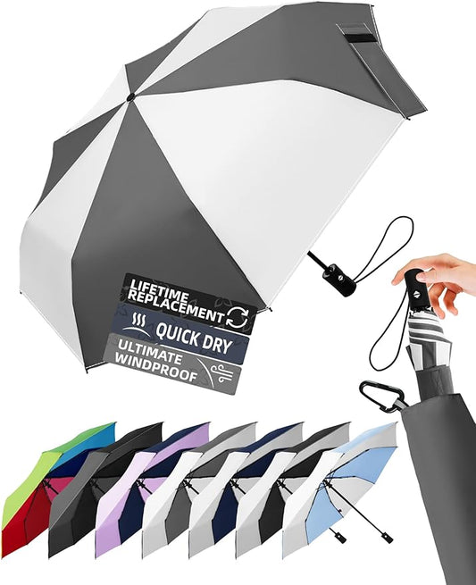 Windproof Travel Umbrella for Rain - 43" Auto Open Close 8-Rib Compact, Stylish Two-Tone Color Block Design, Easy-Close Folding Portable Parasol for Men & Women