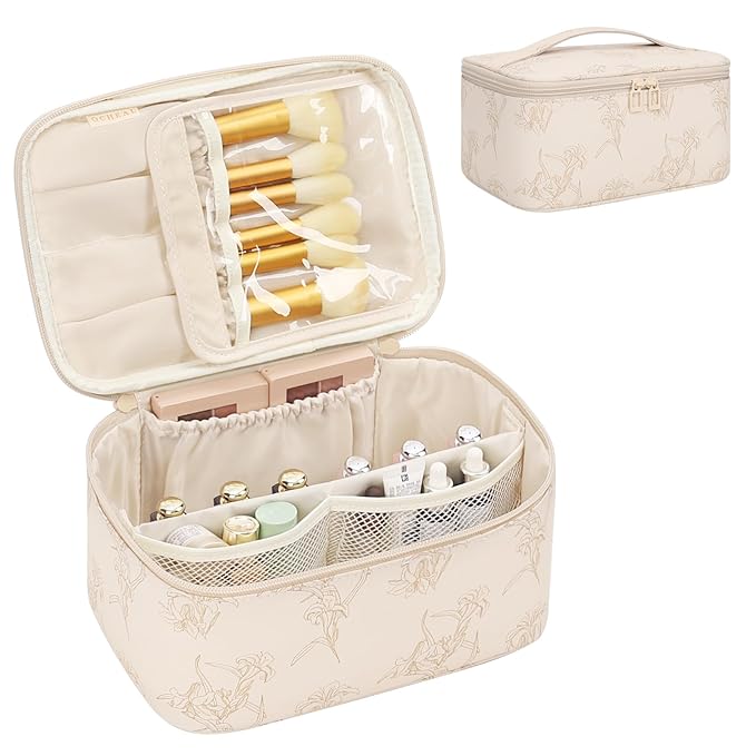 OCHEAL Makeup Bag for Women - Travel Cosmetic Organizer with Brush Slot & Divider, Large Capacity Toiletry Bag for Girls, Travel Makeup Case for everyday Make up Accessories -Beige floral