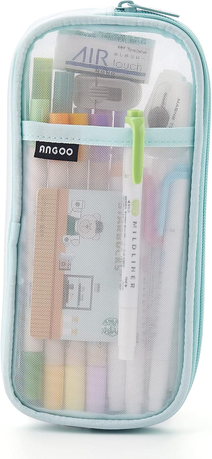 EASTHILL Grid Mesh Pen Pencil Case with Zipper Clear Makeup Color Pouch Cosmetics Bag Multi-Purpose Travel School Teen Girls and Boys Transparent Stationary Bag Office Organizer Box for Adluts(Green)