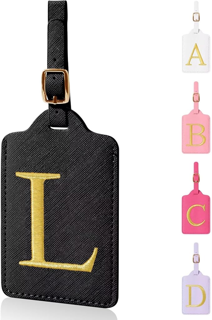 Personalized Initial Luggage Tags for Suitcases,Leather Letter Cute Luggage Tags with Privacy Name Card,Embroidered Monogrammed Travel Bag Backpack Tag Gifts for Women Kids Girls Teens(Black-L)