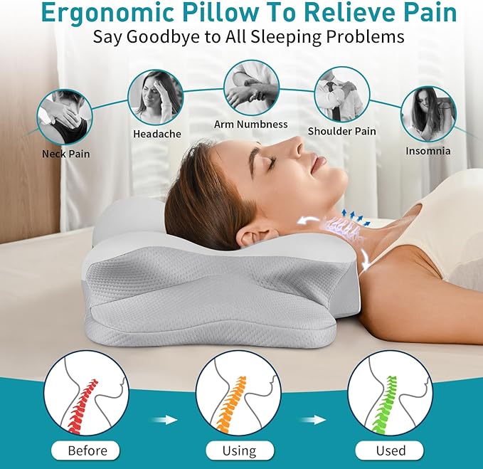 Cervical Neck Pillow for Pain Relief - Ergonomic Memory Foam Pillow for Sleeping, Contour Side Sleeper Pillow for Neck Support, Cooling Orthopedic Pillow Bed Pillow for Side Back Stomach Sleepers