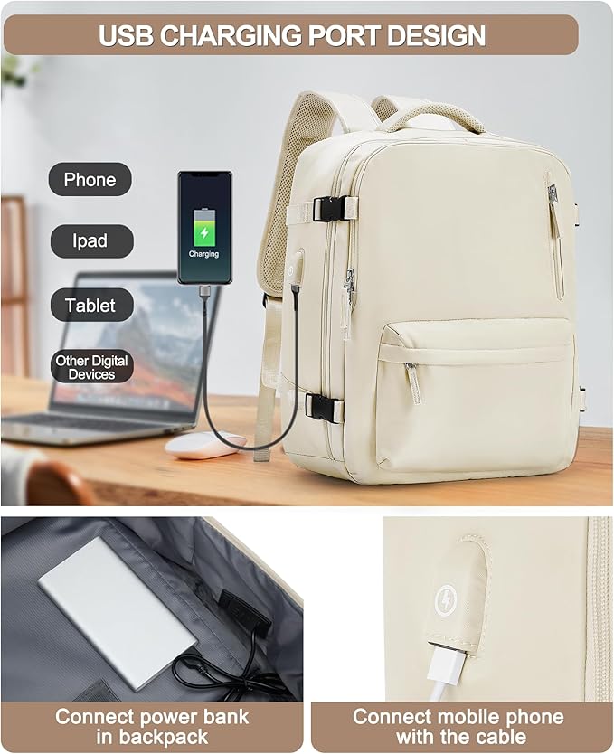 VGCUB Lightweight Travel Backpack for Women Men,Carry on Backpack Flight Approved Luggage,Water Resistant Laptop College Work Backpack Personal Item Daypack Bookbag Mochila de Viaje,Beige