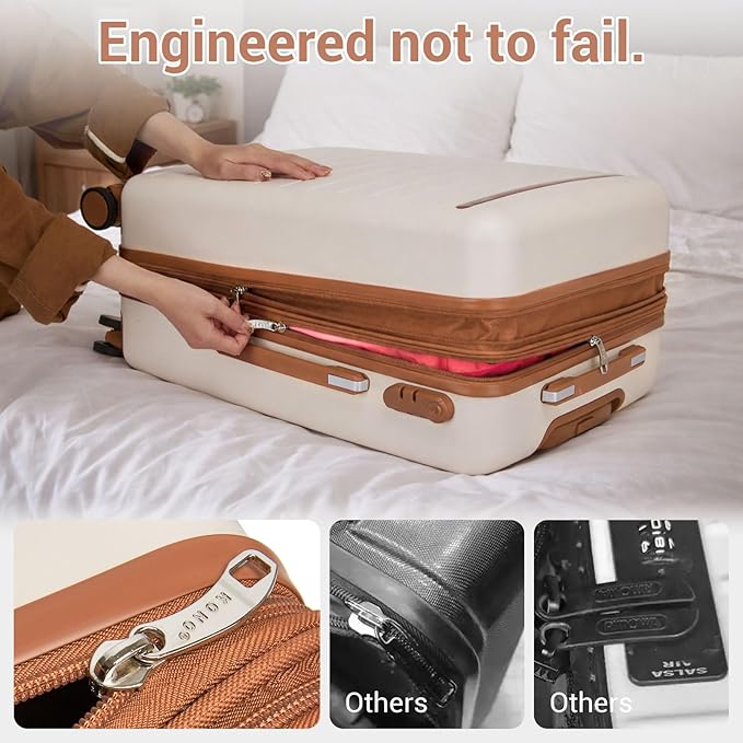 Kono 24 Inch Check In Suitcase Expandable Luggage, Business Travel Suitcase for 5-7 Days, Durable ABS+PC Hardshell with Side Handles & Kick Plates, Double Spinner Silent Wheels, Cream/Brown
