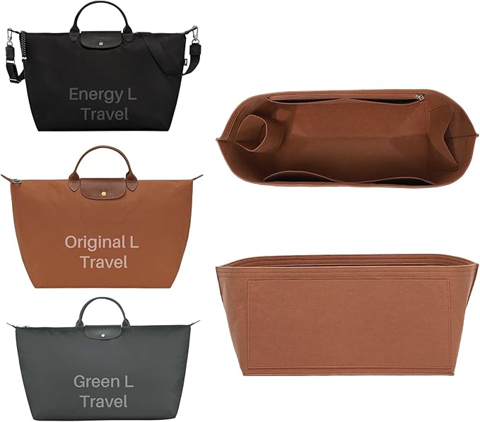Premium Felt Purse Organizer Insert for Longchamp Le Pliage, Zipper Long Champ Bag Organizer Insert with Cup Holder, 9 Compartments