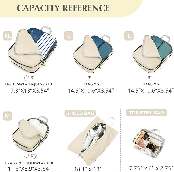 Gonex Compression Packing Cubes, 6pcs Expandable Storage Travel Luggage Bags Organizers with Shoe Bag, Clear Toiletry Bag (Cream)