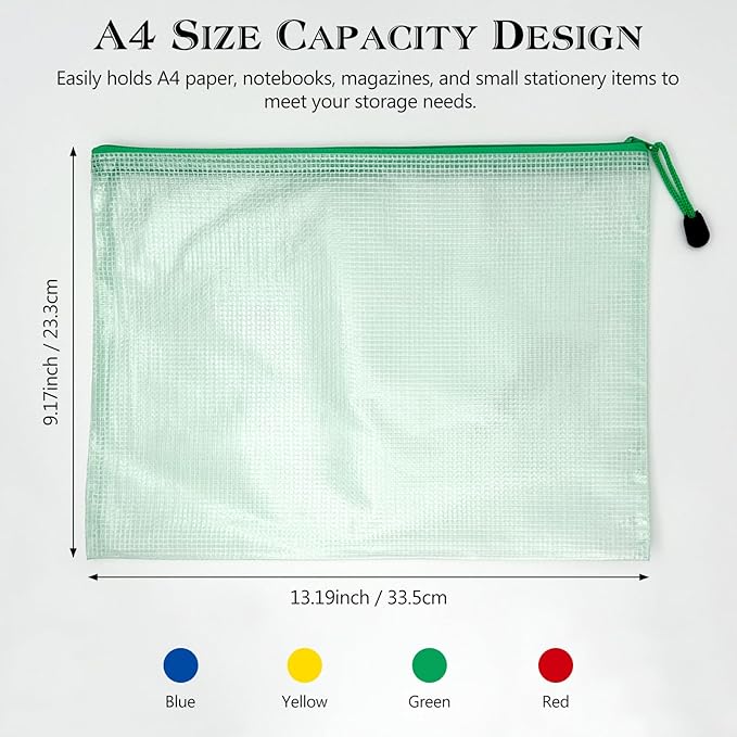 Mesh Zipper Pouch Bags – 13.2" x 9.2" Waterproof Storage Pouches, 4-Pack Colorful Translucent Bags for Office, Travel, Toys & Crafts