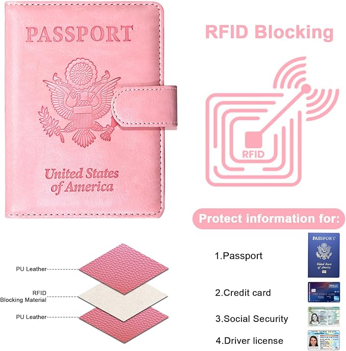 Sizobi Passport Holder for Travel, RFID Passport Cover Wallet for Women Men, Leather Passport Book Card Holder Case for International Travel Must Haves Accessories, Cruise Ship Essentials Gifts, Pink