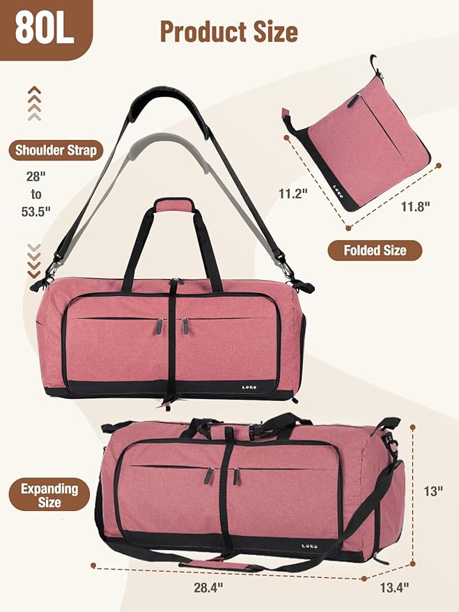 Lekesky Foldable Travel Duffle Bag for Women, Large Duffel Bag with Separate Shoes Compartments & Straps, Carry On Weekend Bag for Women, Hospital, Overnight (Red, 80L)