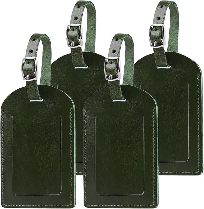 Ringsun Genuine Leather Luggage Tag for Suitcases ID Tags Bag Tags for Luggage (4 Pack, Green)