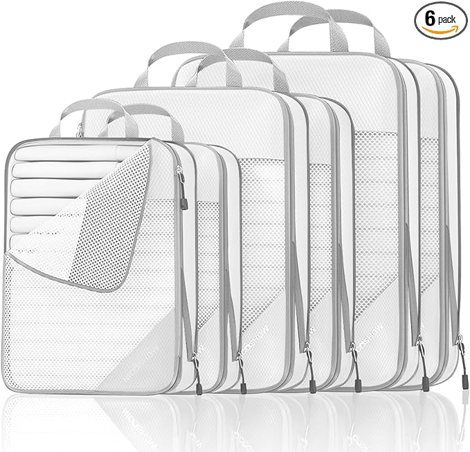 Compression Packing Cubes 6 Set, Compressible Space-Saving Packing Cubes for Travel - Compression Bags, Luggage Organizer, Travel Essentials for Women, White