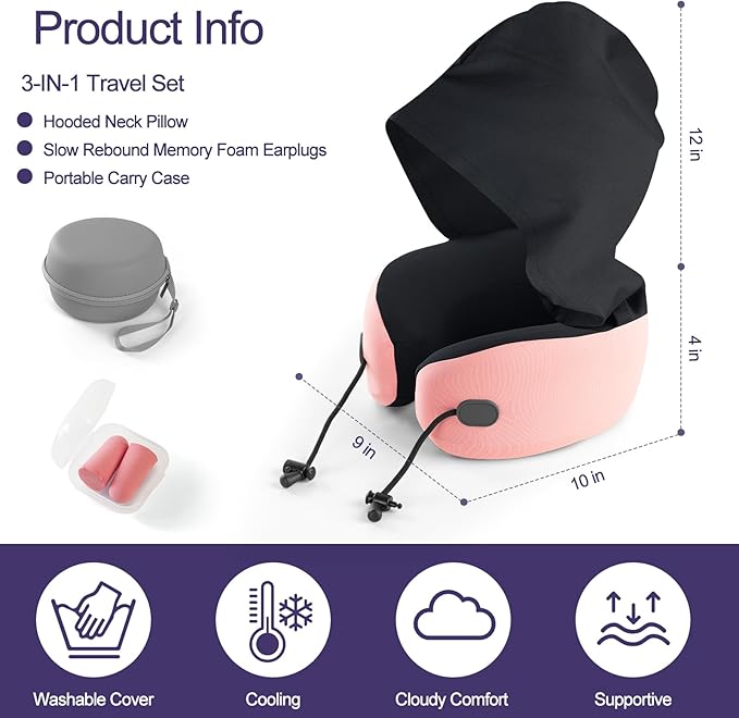 Neck Pillow for Travel, Premium Carbon-Infused Memory Foam, Cooling Fabric Pillow for Airplane, 360° Neck Support for Long Flights, Hooded Travel Pillowl for Planes, Cars and Office, Hooded, Pink