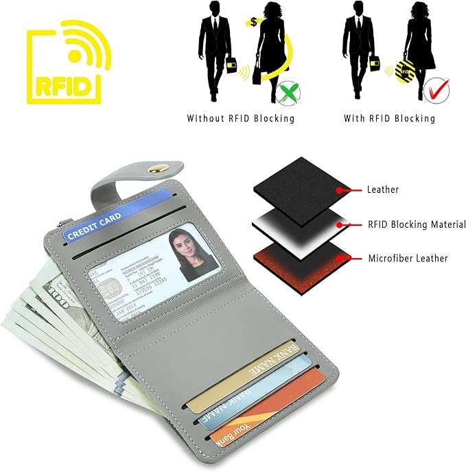 Airkit Small Wallets Woman RFID Blocking Leather Credit Card Holder - with ID Window - Card Wallets for Women - with Zipper Coin Purse - Keychain Wallet