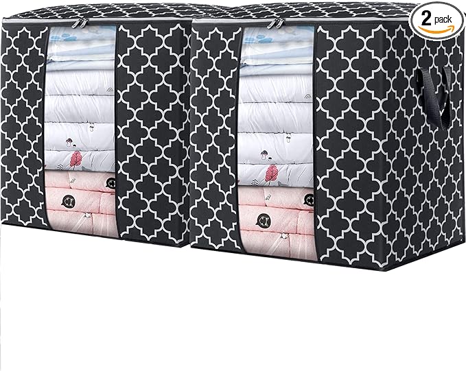 WISELIFE Storage Bags 2 Pack/100L Large Blanket Clothes Organization and Storage Containers for Comforters,Bedding, Foldable Organizer with Reinforced Handle, Clear Window, Sturdy Zippers,Black