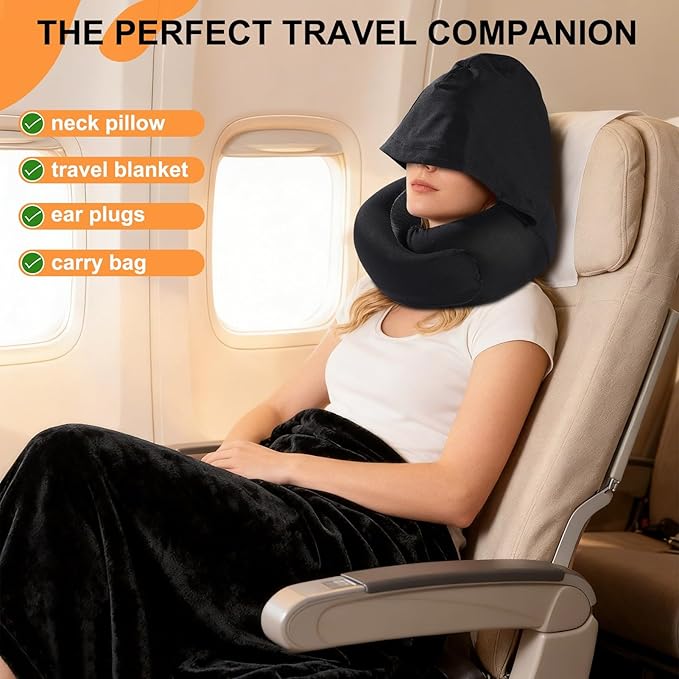 Travel Pillow Blanket Set - Hooded Neck Pillows Airplane with Portable Bag Earplugs, Memory Foam Filling, Long Flights Trip Essentials for Plane, Office, Cars Sleeping