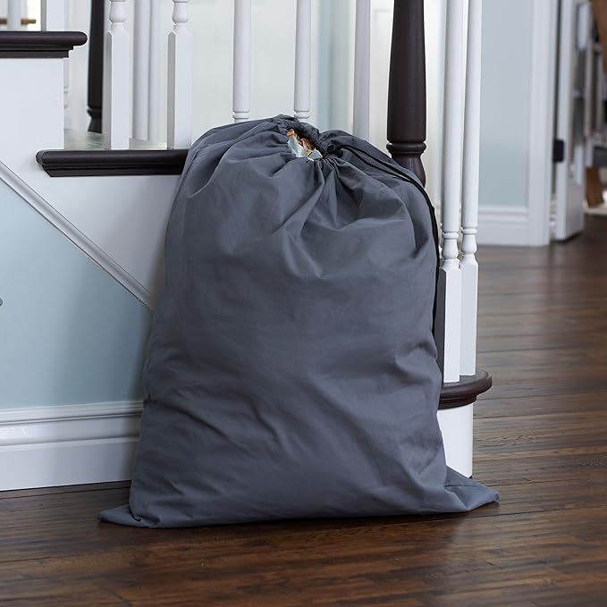 Household Essentials Cotton Laundry Bag, Large, 100% Cotton, Drawstring Top with Cord Lock, Machine Washable, 3 to 4 Load Capacity, Versatile and Compact, Breathable, Foldable, Gray