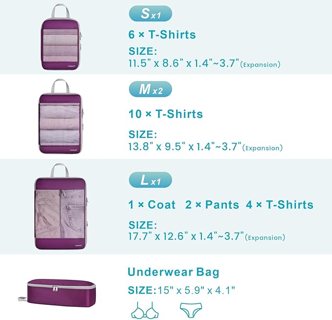 Cambond See Through Mesh Compression Packing Cubes - 5 Piece Expandable Space Saving Packing Cubes for Travel with Underwear Bag, Lightweight Luggage Packing Organizers for Suitcases, Purple