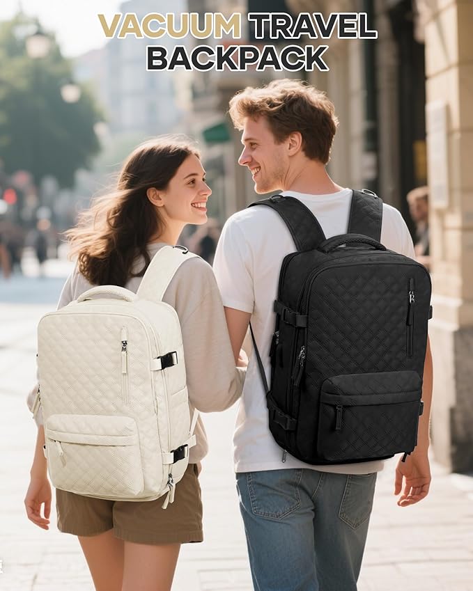 VECAVE Vacuum Travel Backpack with Pump for Women,Personal Item Carry on Backpacks Flight Approved 18x14x8 inches for Men,Laptop Waterproof Work Compression bags Casual Daypack Beige.
