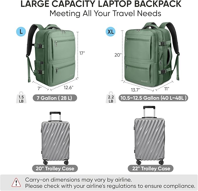 BALEINE Travel Backpack for Women Men, Large Sturdy Carry On Laptop Backpack Gifts for Business, Casual, Weekender, Hiking (Large, Olive Green)