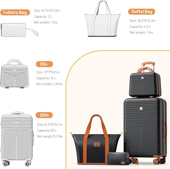Hoteel Luggage Sets 4 Piece ABS+PC Hardside, 4-Year Warranty, Luggage Set with Spinner Wheels, TSA Lock, Lightweight Carry on Luggage, 13"/20" Suitcase with Duffel & Organizer, Black